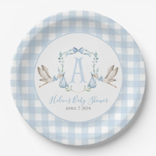Preppy Southern Blue Boy Stork Baby Shower Paper Plate