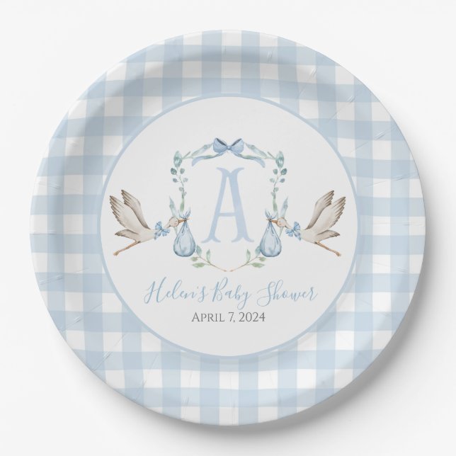 Preppy Southern Blue Boy Stork Baby Shower Paper Plate (Front)