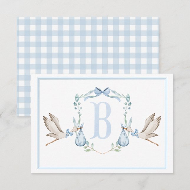 Preppy Southern Blue Boy Stork Baby Shower Thank You Card (Front/Back)