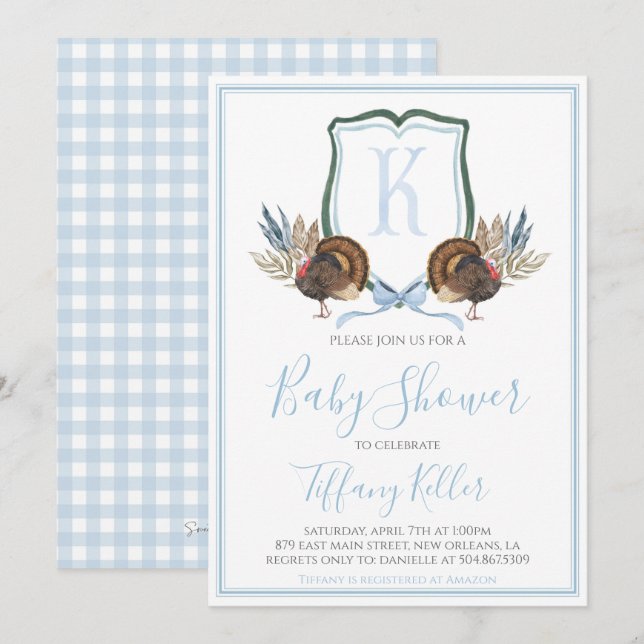 Preppy Southern Blue Boy Turkey Baby Shower Invitation (Front/Back)
