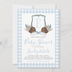 Preppy Southern Blue Boy Turkey Hunter Baby Shower Invitation