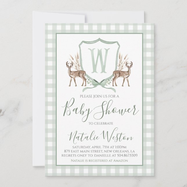 Preppy Southern Deer Sage Green Boy Baby Shower Invitation (Front)