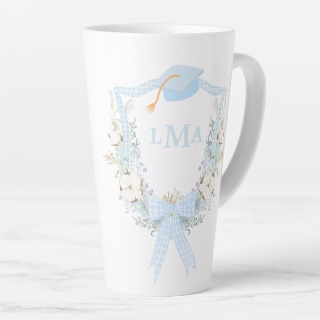 Preppy Southern Gingham Monogram Graduation Latte Mug (Right Angle)