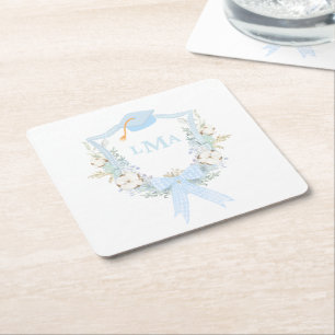 Preppy Southern Gingham Monogram Graduation Square Paper Coaster