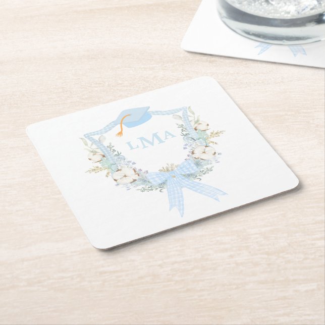 Preppy Southern Gingham Monogram Graduation Square Paper Coaster (Angled)