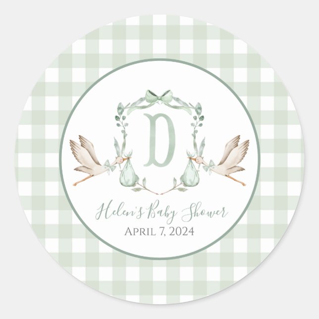 Preppy Southern Green Boy Stork Baby Shower Classic Round Sticker (Front)