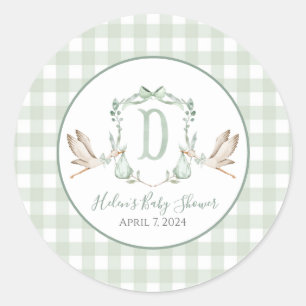 Preppy Southern Green Boy Stork Baby Shower Classic Round Sticker