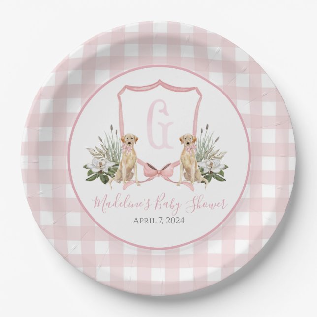 Preppy Southern Pink Girl Dog Baby Shower Paper Plate (Front)