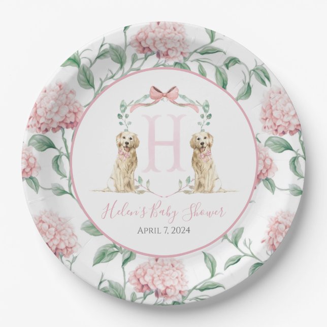 Preppy Southern Pink Girl Dog Baby Shower Paper Plate (Front)