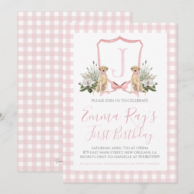 Preppy Southern Pink Girl Dog first Birthday Invitation (Front/Back)