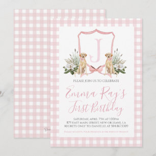 Preppy Southern Pink Girl Dog first Birthday Invitation