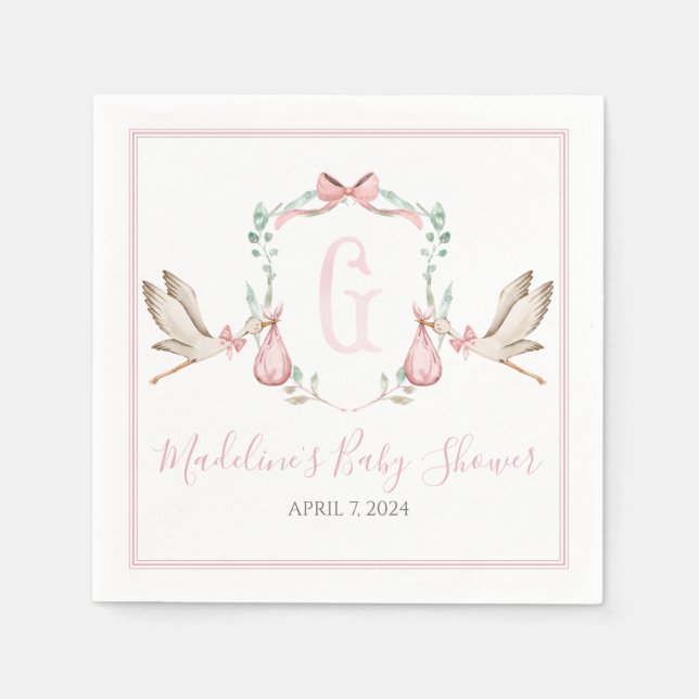 Preppy Southern Pink Girl Stork Baby Shower Napkin (Front)