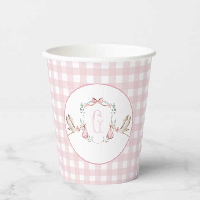 Preppy Southern Pink Girl Stork Baby Shower Paper Cups (Front)