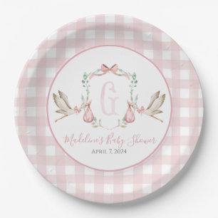 Preppy Southern Pink Girl Stork Baby Shower Paper Plate
