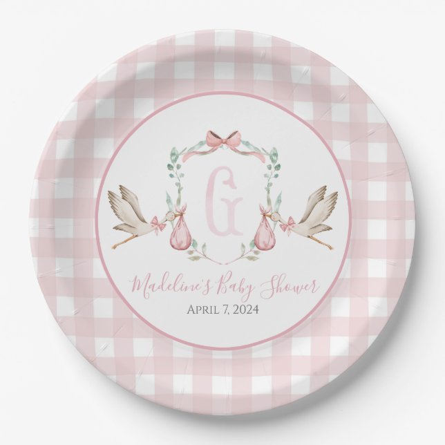 Preppy Southern Pink Girl Stork Baby Shower Paper Plate (Front)