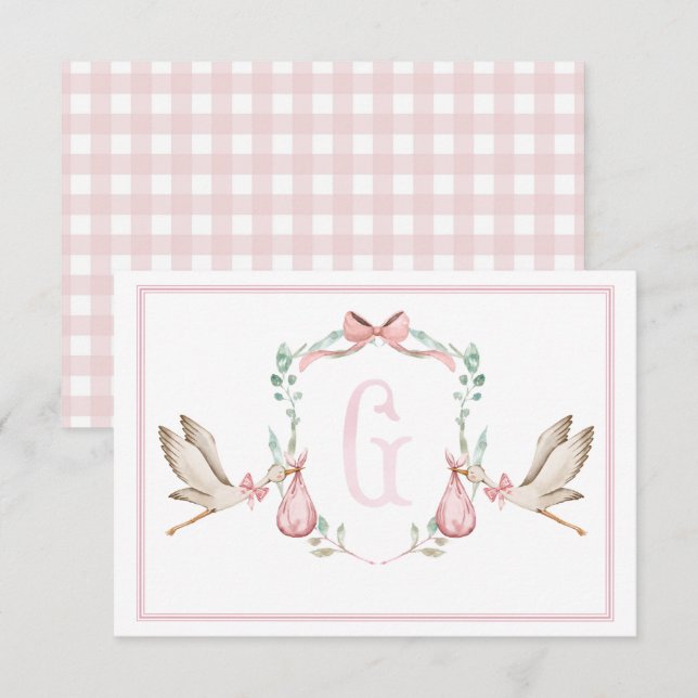 Preppy Southern Pink Girl Stork Thank You Card (Front/Back)