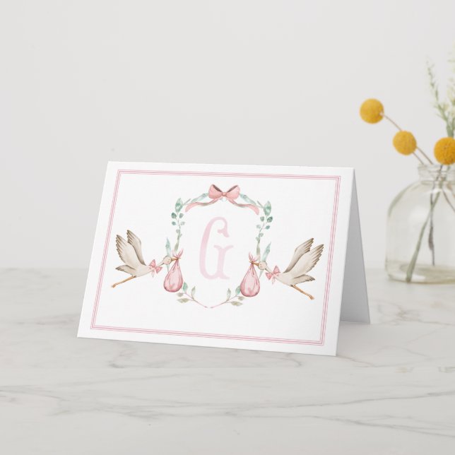 Preppy Southern Pink Girl Stork Thank You Card (Front)