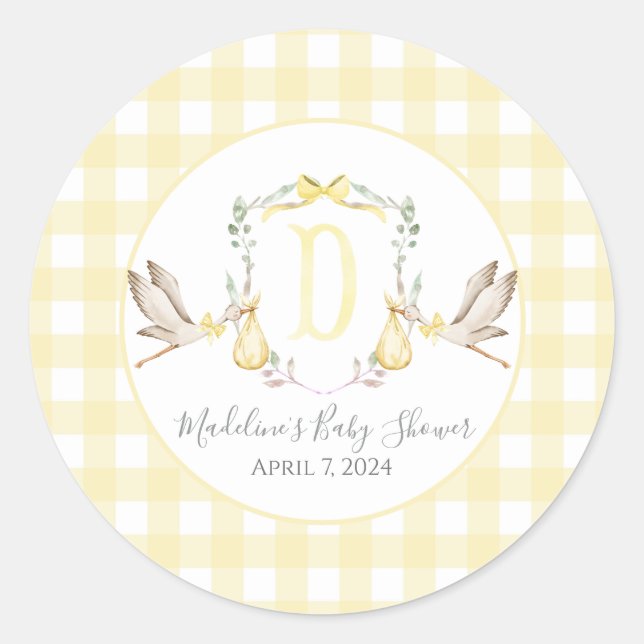 Preppy Southern Yellow Girl Stork Baby Shower Classic Round Sticker (Front)