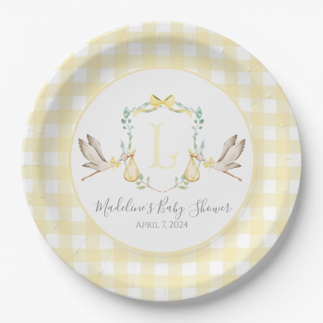 Preppy Southern Yellow Stork Baby Shower Paper Plate (Front)