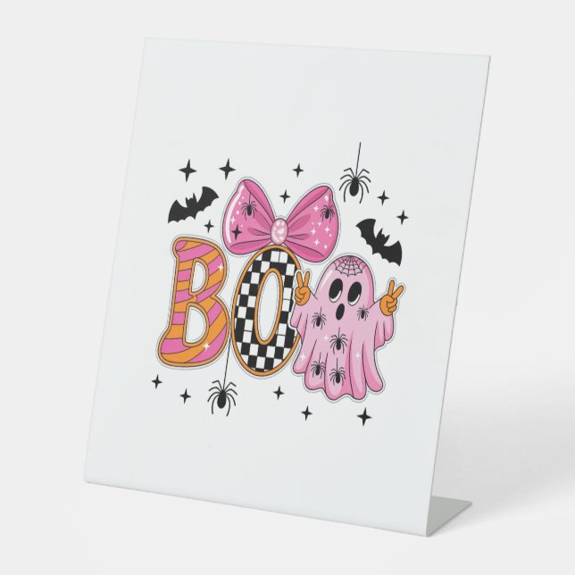 Preppy Spooky Halloween Boo Pedestal Sign (Front)