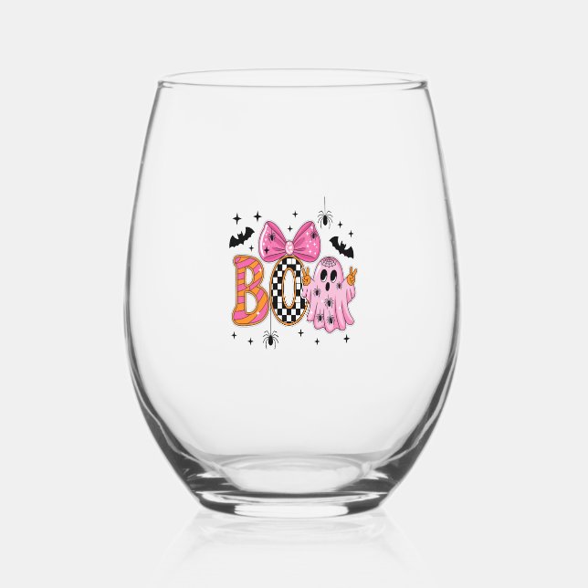 Preppy Spooky Halloween Boo Stemless Wine Glass (Front)