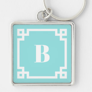 Preppy Square Greek Key Border Aqua Blue Monogram Key Ring