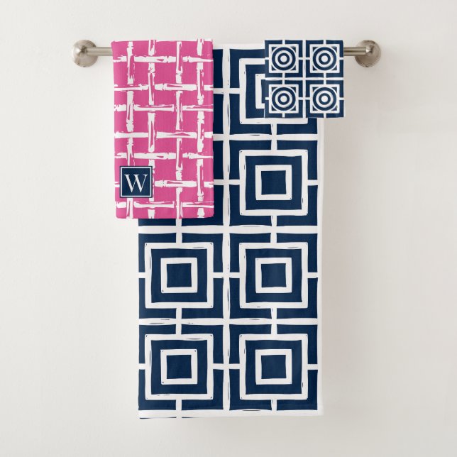Preppy Square Lattice - Hot Pink & Navy Monogram Bath Towel Set (Insitu)