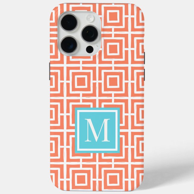 Preppy Square Lattice Monogram  Coral & Turqouise Case-Mate iPhone Case (Back)
