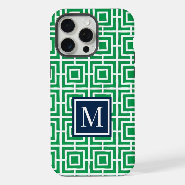 Preppy Square Lattice Monogram – Green & Navy iPhone Case (Back)