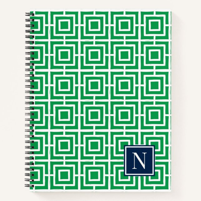 Preppy Square Lattice Monogram – Green & Navy Notebook (Front)