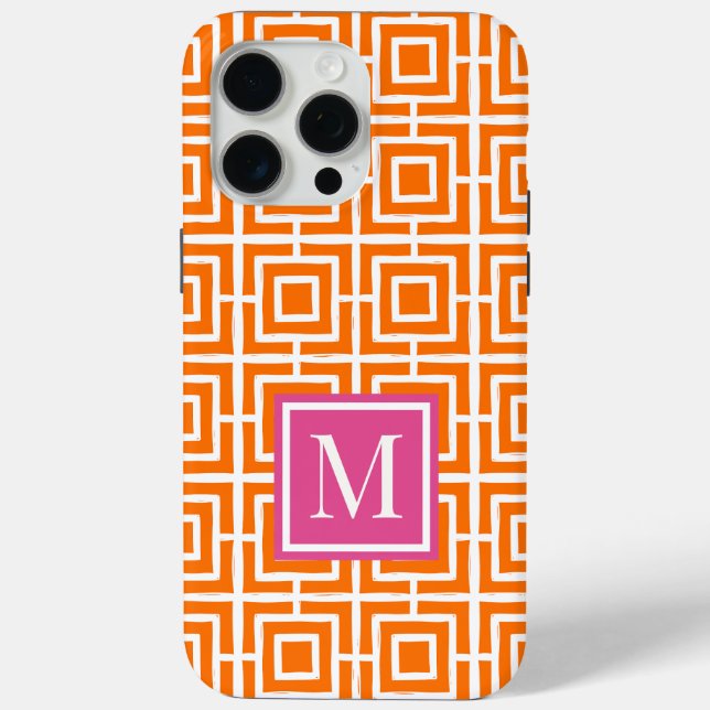 Preppy Square Lattice Monogram Orange & Pink Case-Mate iPhone Case (Back)
