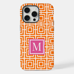 Preppy Square Lattice Monogram Orange & Pink iPhone 15 Pro Max Case