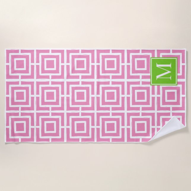 Preppy Square Lattice Monogram – Pink & Lime Beach Towel (Front)