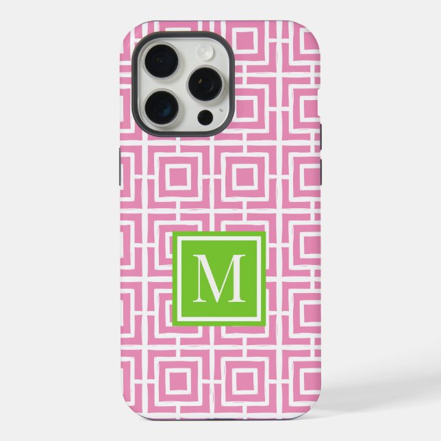 Preppy Square Lattice Monogram – Pink & Lime iPhone Case (Back)