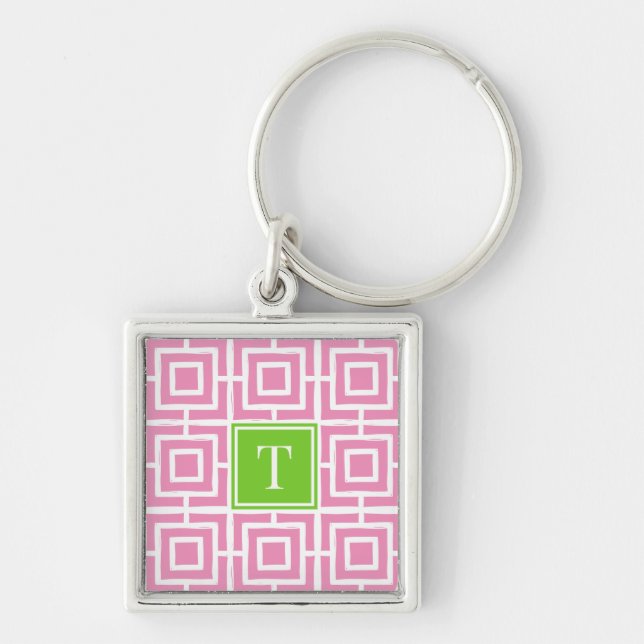 Preppy Square Lattice Monogram  - Pink & Lime Key Ring (Front)