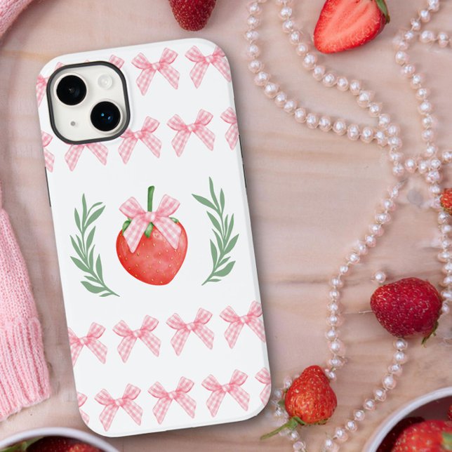 Preppy Strawberry Pink Gingham Bows Laurel Wreath Case-Mate iPhone Case (iphone case with pink gingham bows and strawberry logo by Darling and May)