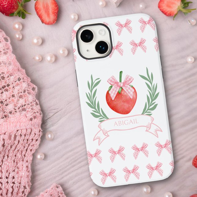 Preppy Strawberry Pink Gingham Bows Personalised Case-Mate iPhone Case (Personalized iphone case with pink gingham bows and strawberry logo by Darling and May)