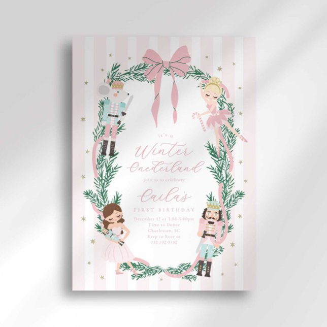 Preppy Stripe Bow Nutcracker Ballet First Birthday Invitation (Creator Uploaded)