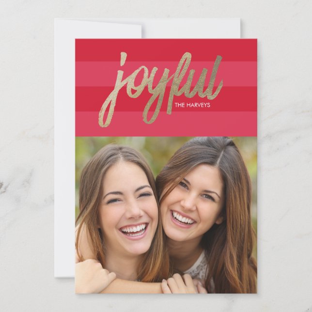 Preppy Stripe Faux Foil Joyful Holiday Photo Card (Front)