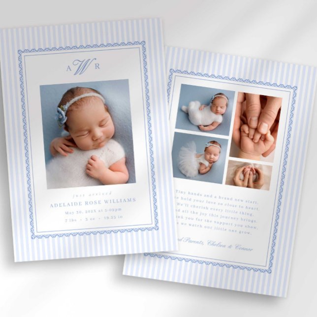 Preppy Stripe Monogram Photo Birth Announcement (Creator Uploaded)