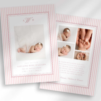 Preppy Stripe Monogram Photo Birth Announcement