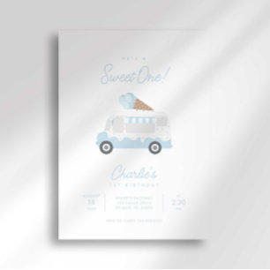 Preppy Stripe Sweet One Ice Cream Truck Birthday Invitation