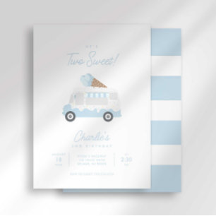 Preppy Stripe Two Sweet Ice Cream Truck Birthday Invitation