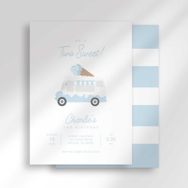 Preppy Stripe Two Sweet Ice Cream Truck Birthday Invitation (Creator Uploaded)