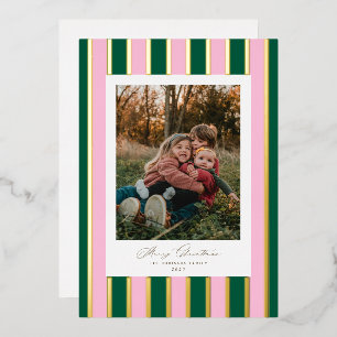 Preppy Striped Christmas Photo Gold Pink Green Foil Holiday Card