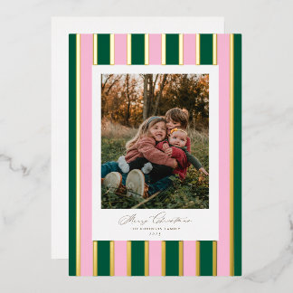 Preppy Striped Christmas Photo Gold Pink Green Foil Holiday Card