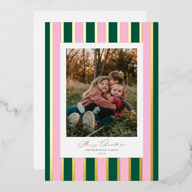 Preppy Striped Christmas Photo Gold Pink Green Foil Holiday Card (Front/Back)