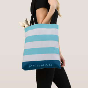 Preppy Striped Pastel Blue Monogram Tote Bag