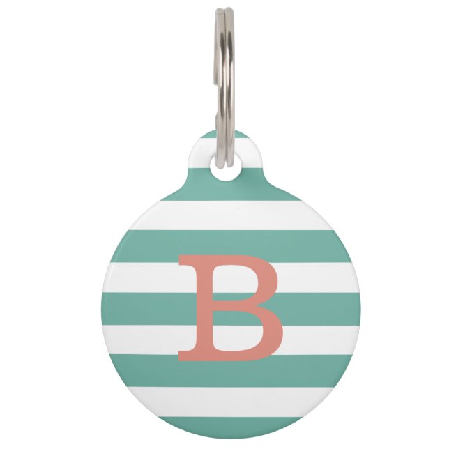 Preppy striped turquoise monogram ID Dog Tag (Front)