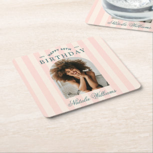 Preppy Stripes 30th Birthday Party Welcome Photo Square Paper Coaster